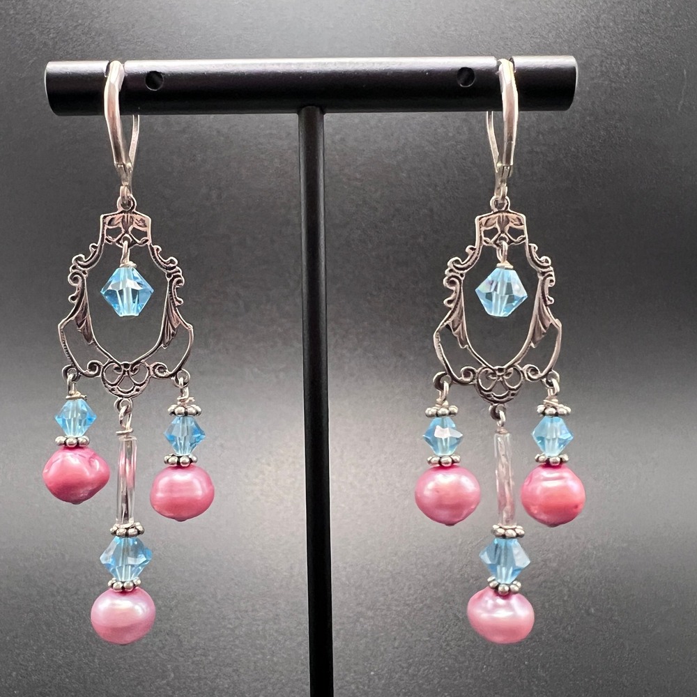 Freshwater Pearl Chandelier Earrings Sterling Silver Pink Blue Crystals Filigree